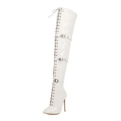 Women Sexy Cross Tied Thigh High Boots Pointed Toe Thin High Heels Over The Knee Boots Patent Leather Shoes Woman 33-46