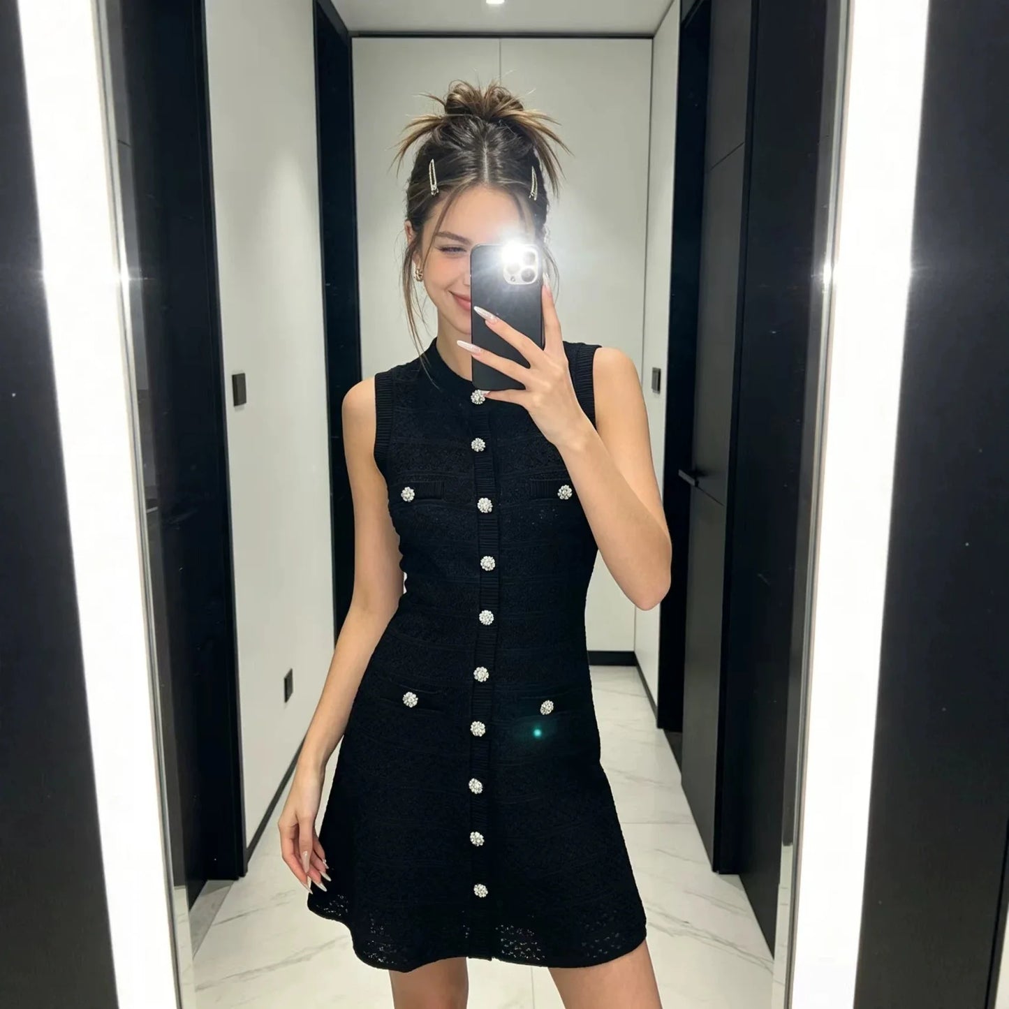 ZJYT New Summer Women's Sleeveless Knit Dress Elegant Sweet Pink Casual Party Mini Short Dresses Female Knitwears with Buttons