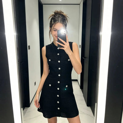 ZJYT New Summer Women's Sleeveless Knit Dress Elegant Sweet Pink Casual Party Mini Short Dresses Female Knitwears with Buttons