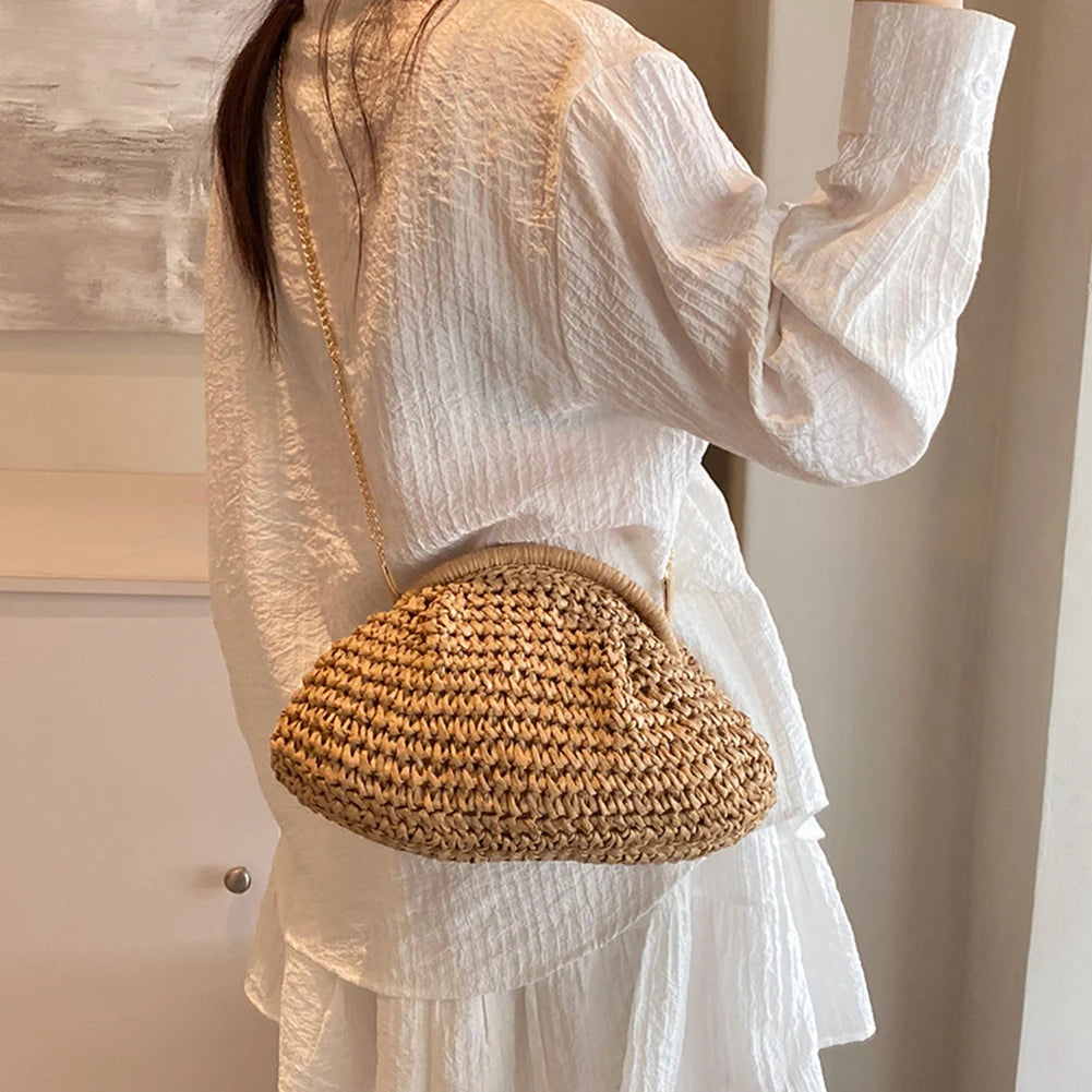 Women Straw Woven Bag Chain Strap Fashion Shoulder Bag Large Capacity Weaving Satchel Bag Solid Color for Party Vacation