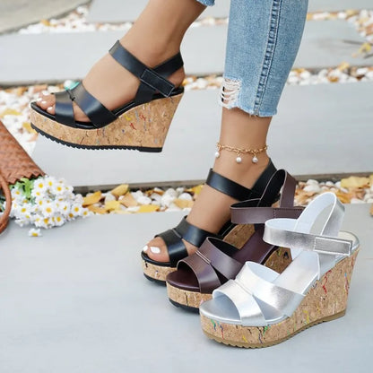Women's Silver Chunky Platform Sandals 2026 Summer Cork Thick Sole Wedge Sandals Woman Plus Size 43 Pu Leather Casual Shoes