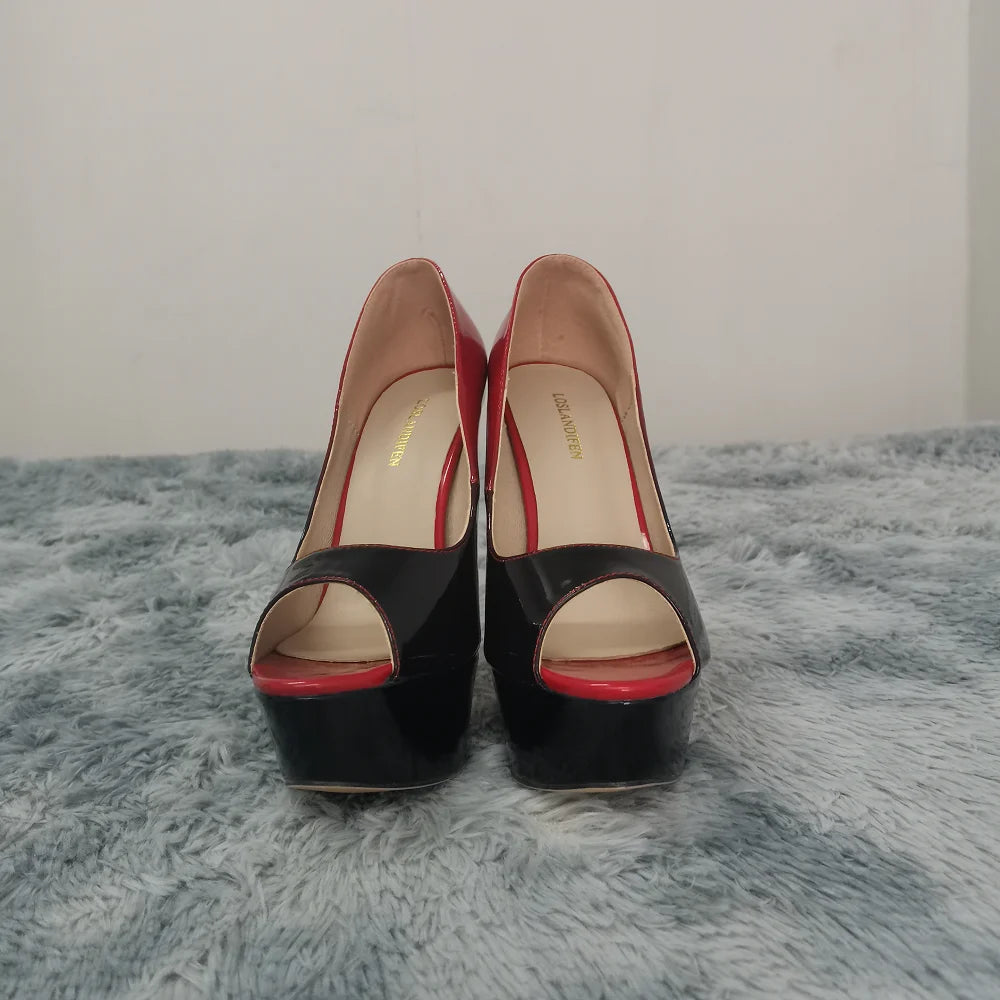 Women Stilettos Sexy Pumps 14cm Extremely Platform Peep Toe High Heels Patent Leather Party Nighclub Dress Red Wedding Shoes