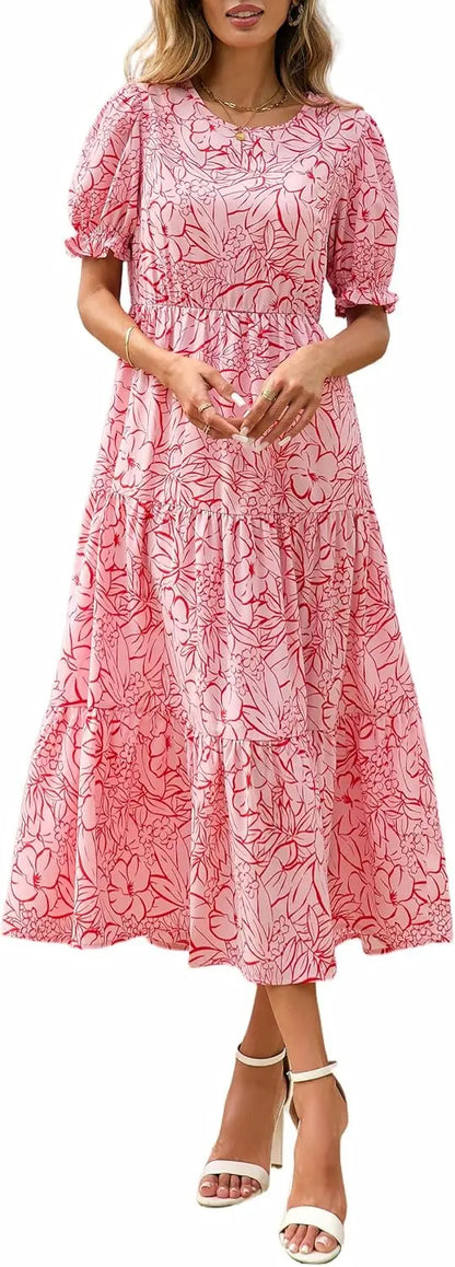 Summer Dresses for Women 2026 Casual Floral Boho Midi Sun DrPuff Short Sleeve Flowy Beach Vacation Sundress
