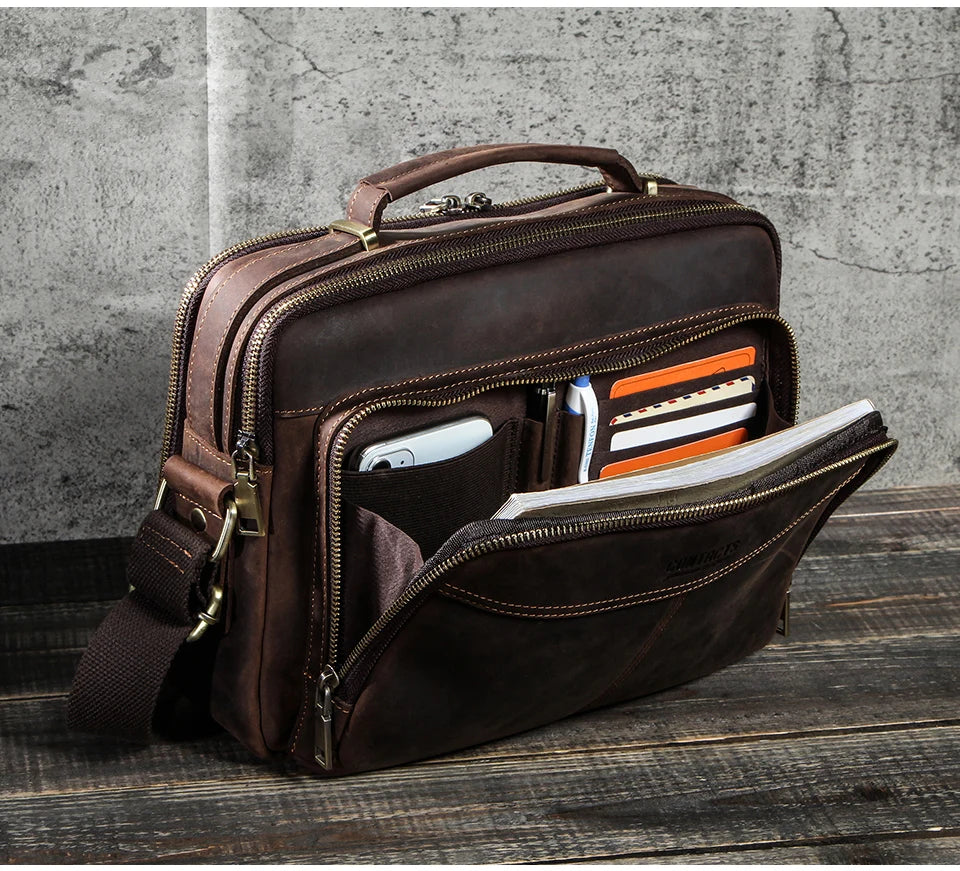 CONTACT'S Crazy Horse Leather Men Messenger Bag Vintage Man Crossbody Bag Handbags Large Capacity Male Shoulder Bags Bolsos