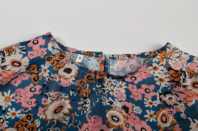 Women's Spring/Summer round Neck Pullover Dress with Pockets Middle Sleeve Loose Casual Print Midi Length
