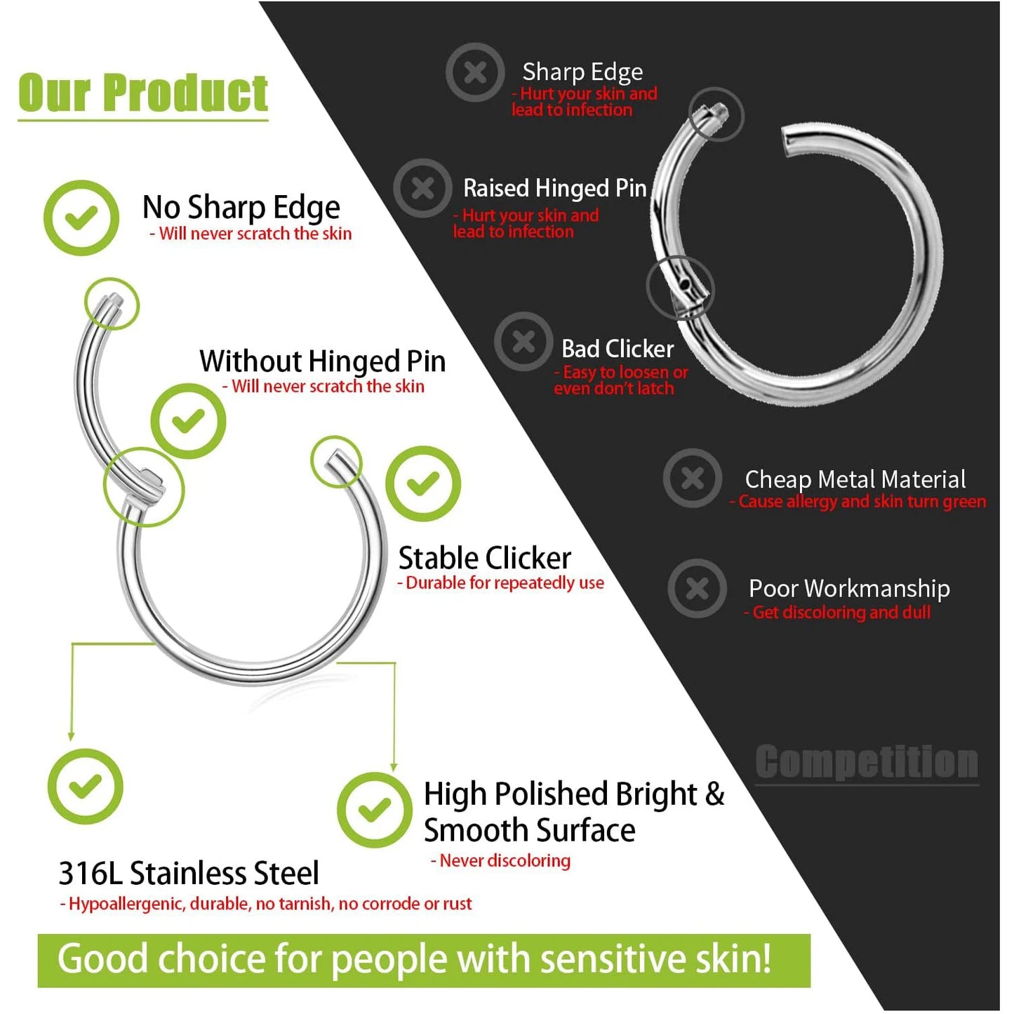 Hinged Nose Ring Hoop Septum Hoop  Ring Tragus Rook Ring Piercing Jewelry Lip Labret Ring Clicker Cartilage Earrings Women Gift