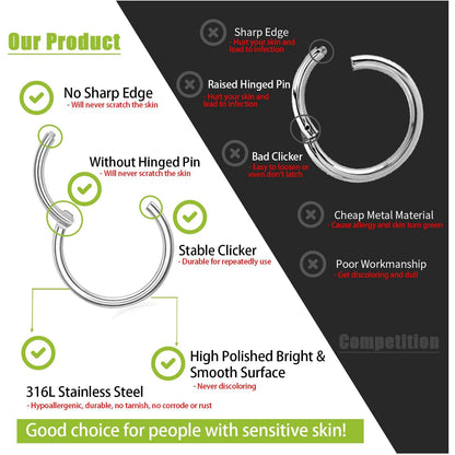 Hinged Nose Ring Hoop Septum Hoop  Ring Tragus Rook Ring Piercing Jewelry Lip Labret Ring Clicker Cartilage Earrings Women Gift