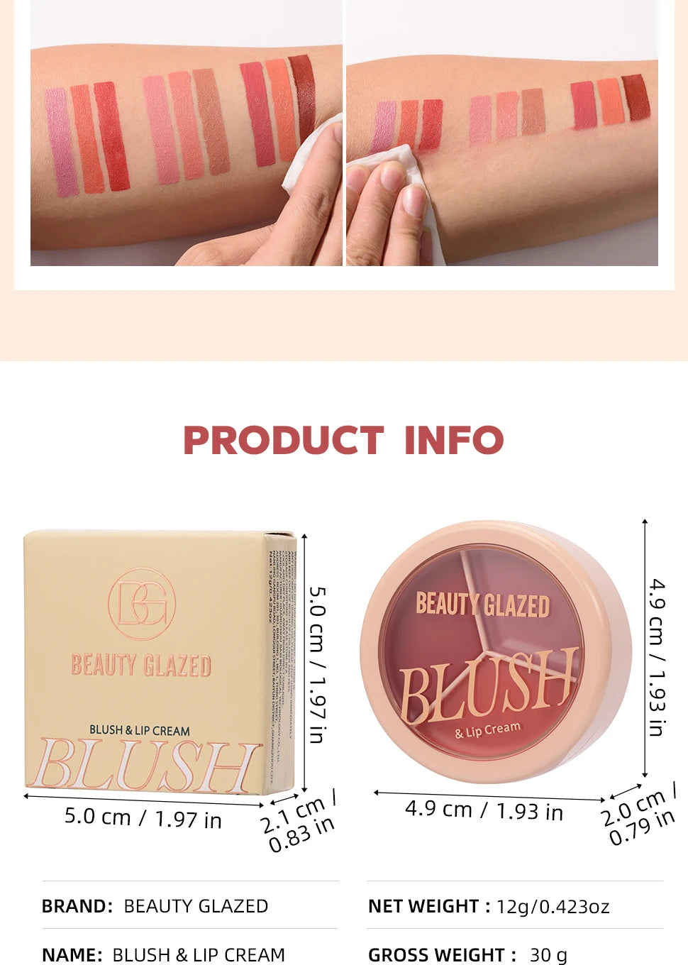 3-color blush palette-cream 2-in-1 multifunctional facial lip makeup, berry, pink, red waterproof