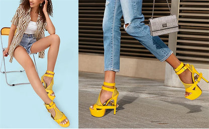 Onlymaker Women Yellow Mesh Buckle Peep Toe Platform Sandals Thin Heels Ankle Strap Buckle Dress Sexy Party Stiletto Sandals