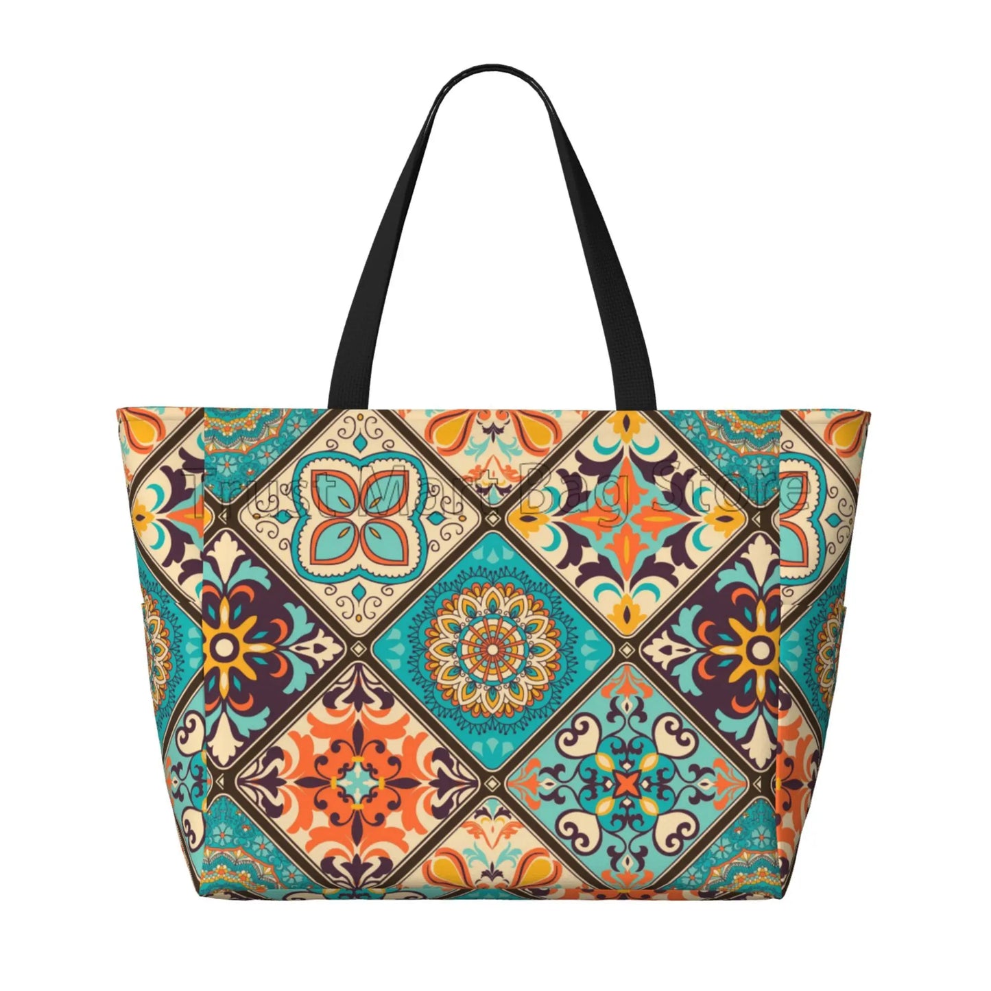 Ethnic Mandala Flowers Waterproof  Beach Tote Pool Bags for Women Ladies Extra Large Gym Tote Carry on Bag for Weekender Travel