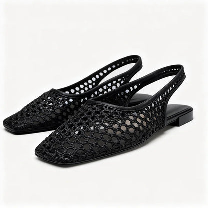 Weave Mesh Breathable Mules Sandals for Women Summer New Slingback Beach Shoes Casual Square Toe Fashion Ballet Flats Ladies