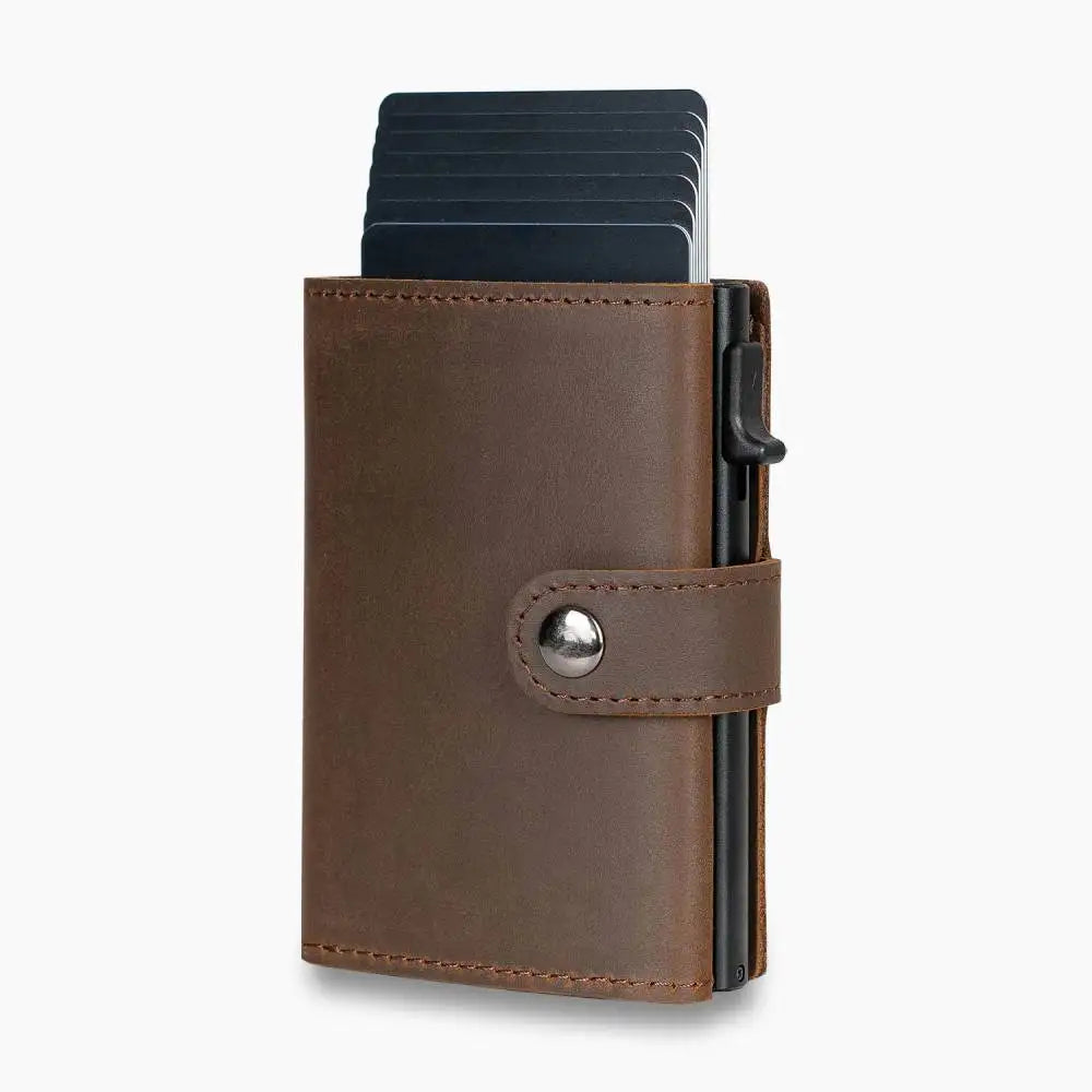 Casekey Men Credit Metal Card Holder RFID Blocking Minimalist Crazy Horse Genuine Leather Pop Up Trifold Wallet with Coin Purse
