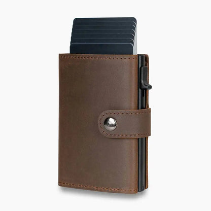 Casekey Men Credit Metal Card Holder RFID Blocking Minimalist Crazy Horse Genuine Leather Pop Up Trifold Wallet with Coin Purse