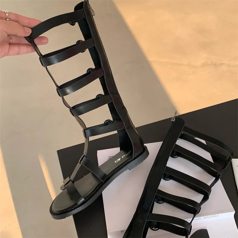 Knee High Summer Boots Gladiator Rome Sandals Mid-Calf Boots Booties Open Toe Strappy T-tied Strap Flat Heel Shoes Girl Women