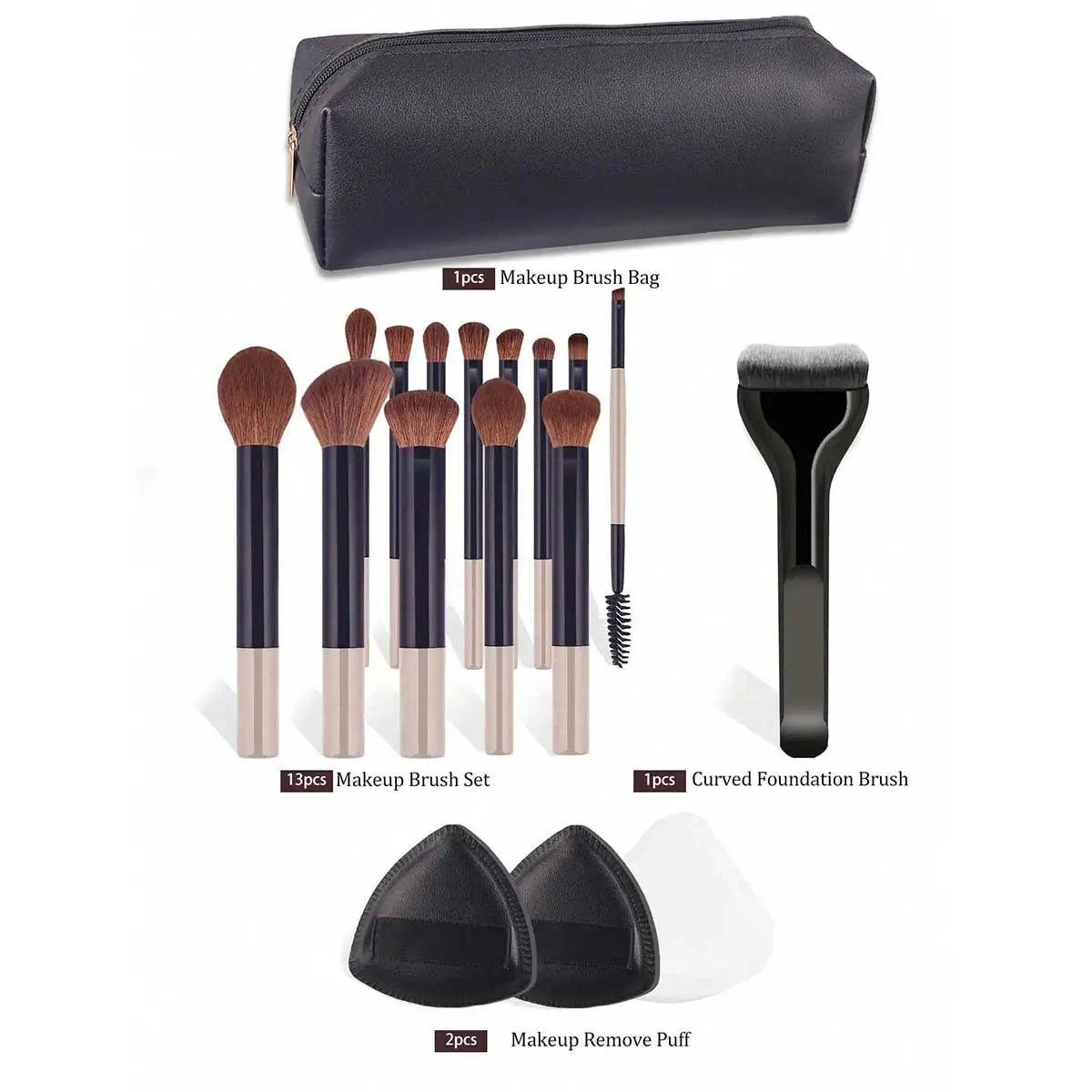 17pcs Professional Soft Long Aluminum Makeup Brush Set, Including Foundation Brush, Eyeshadow Brush, Eyebrow Brush, Blending
