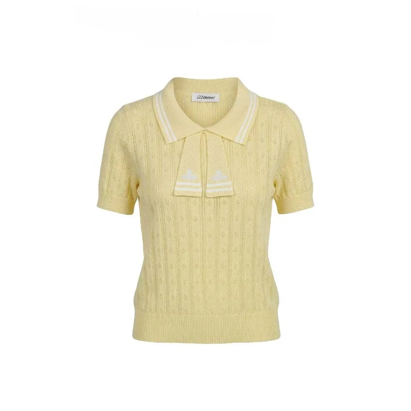 Summer College Style Knitted Collar Girls' T-shirt Simple, Breathable, Comfortable Short Sleeved Commuting Texture High-end Top