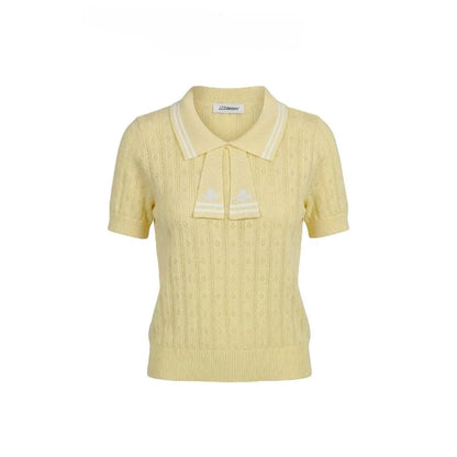 Summer College Style Knitted Collar Girls' T-shirt Simple, Breathable, Comfortable Short Sleeved Commuting Texture High-end Top
