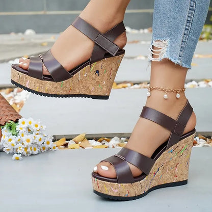 Women's Silver Chunky Platform Sandals 2026 Summer Cork Thick Sole Wedge Sandals Woman Plus Size 43 Pu Leather Casual Shoes
