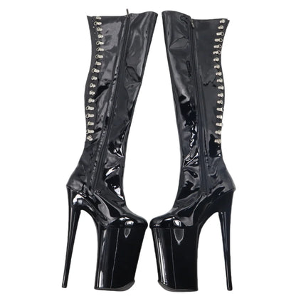 23CM Platform Thigh High Boots Queen, Red Black Patent Leather Extreme Height Boots, Metal Detail Performance Shoes
