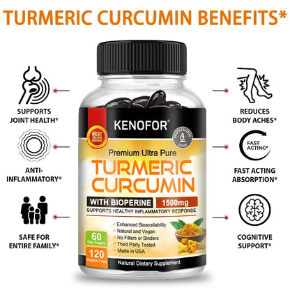 Turmeric Curcumin Capsules 1500mg - Supports Cell Health, Antioxidants, Promotes Joint and Bone Health