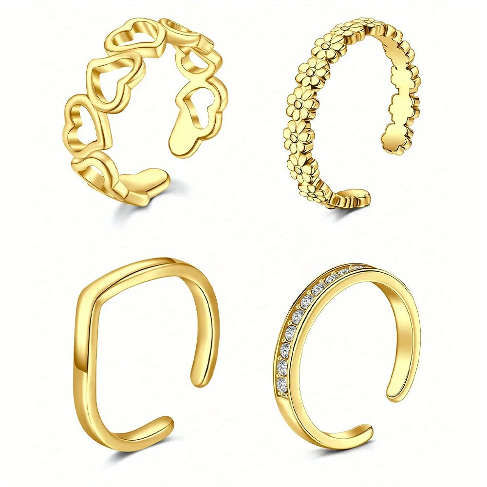 4pcs Stainless Steel Toe Ring Pack Set Hollow Love Flower Leaves Spot Drill Moon Multi-Style Size Adjustable Summer Beach Must