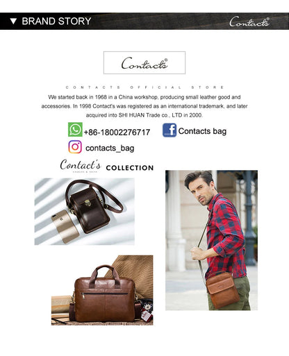 CONTACT'S Crazy Horse Leather Men Messenger Bag Vintage Man Crossbody Bag Handbags Large Capacity Male Shoulder Bags Bolsos