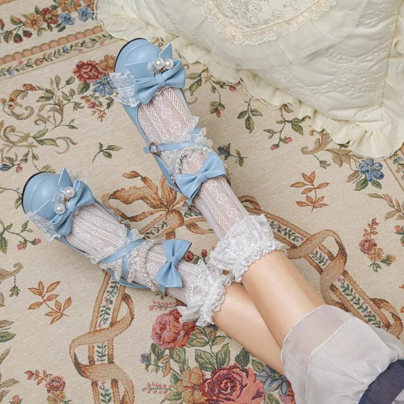 Cross Strap Women High Heels Mary Jane Pumps Party Wedding Cosplay White Pink Black Strawberry Bow Princess 2025 Lolita Shoes