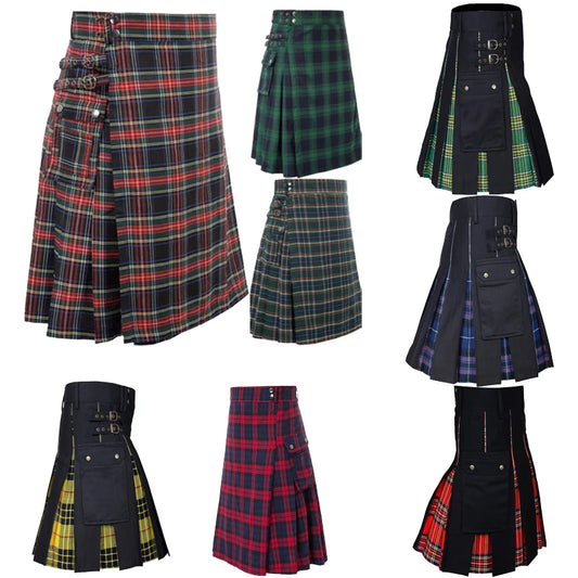 2026 Vintage Scottish-Style Buckle Skirt for Men & Women,Multi-Color Plaid Patchwork Contrast Pleated Stage Performance Skirts