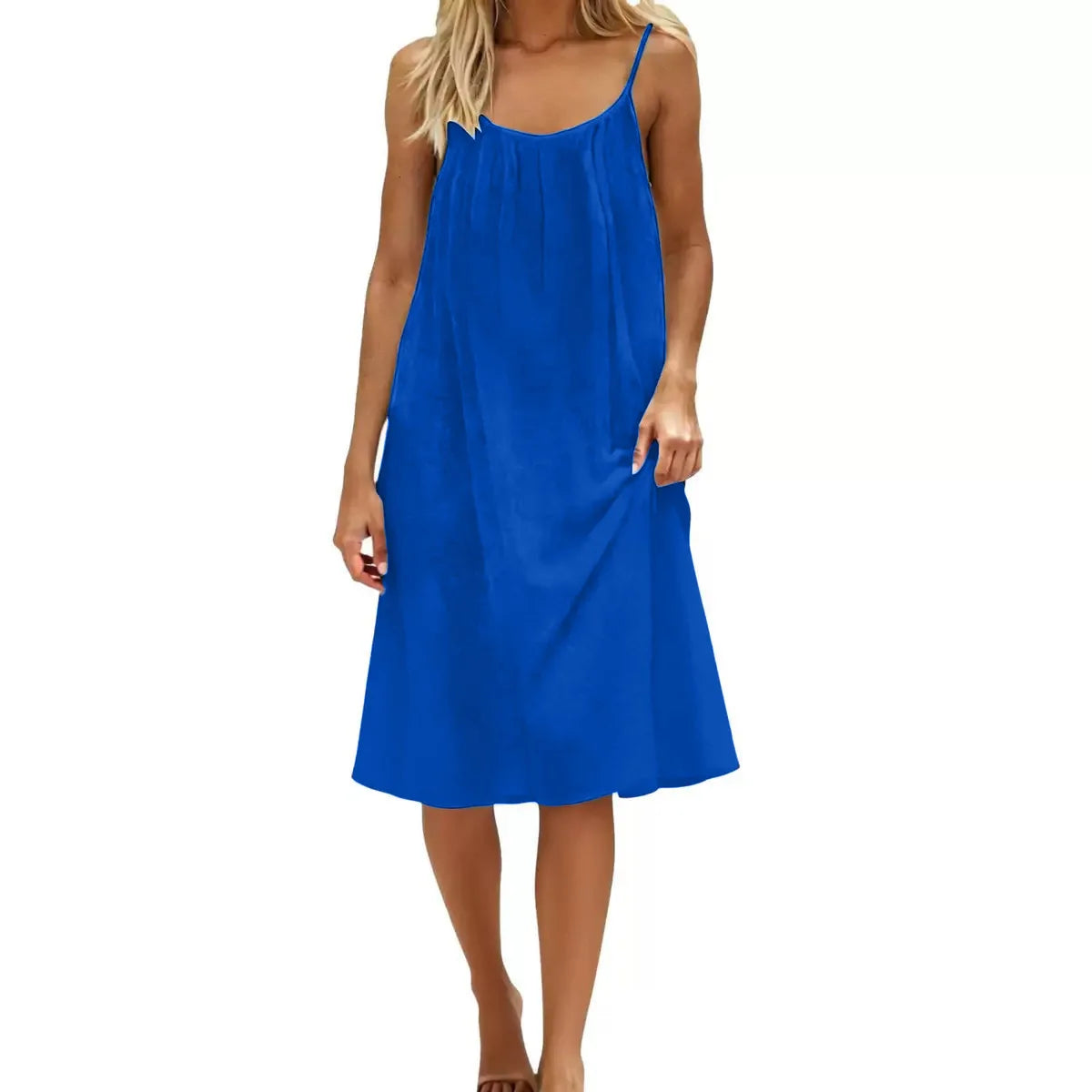 Summer Women Spaghetti Strap Dress Solid Color Loose Casual Midi Dress Sleeveless A-Line Beach Sundress