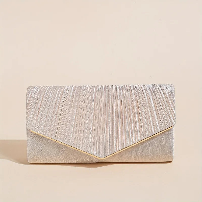 Champagne Pleated Envelope Clutch, Elegant Evening Crossbody Bag with Gold Chain Strap Detachable, for Wedding Formal Events