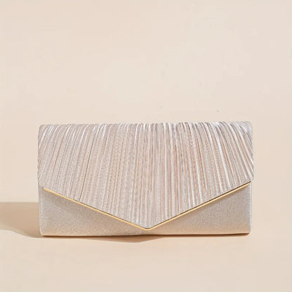 Champagne Pleated Envelope Clutch, Elegant Evening Crossbody Bag with Gold Chain Strap Detachable, for Wedding Formal Events