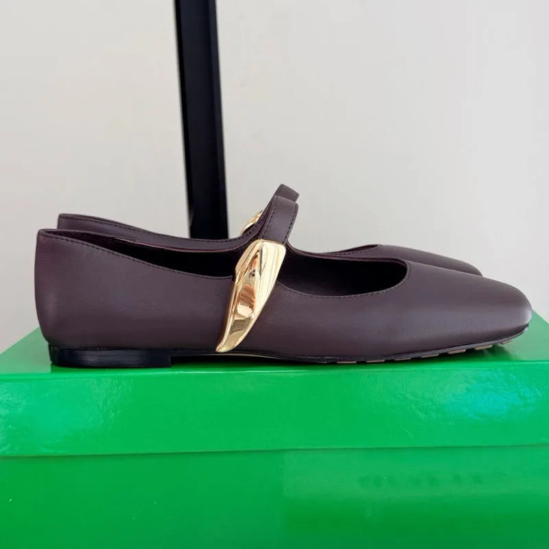 High Quality Women's Soft-soled Mary Jane Square Toe Versatile Commuter Metallic Decor One Strap Genuine Leather Flat Shoes