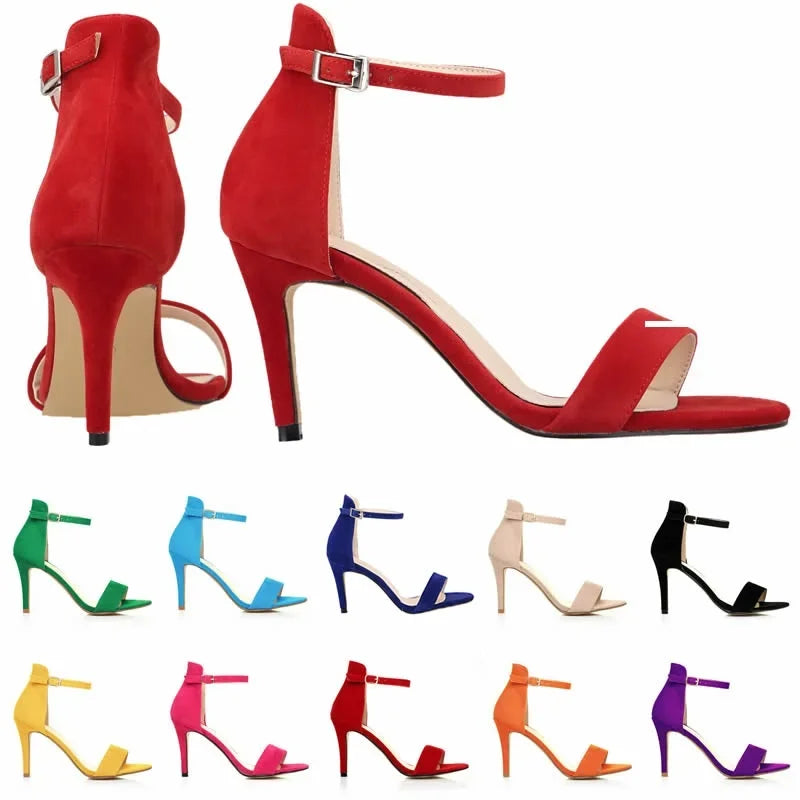 2026 New Women Sexy Pumps Sandals Summer 9cm Thin Heel Open Toe Ankle Strap High Heels Ladies Stilettos Party Red Wedding Shoes