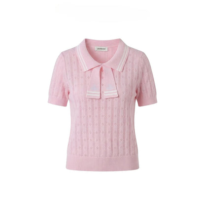Summer College Style Knitted Collar Girls' T-shirt Simple, Breathable, Comfortable Short Sleeved Commuting Texture High-end Top