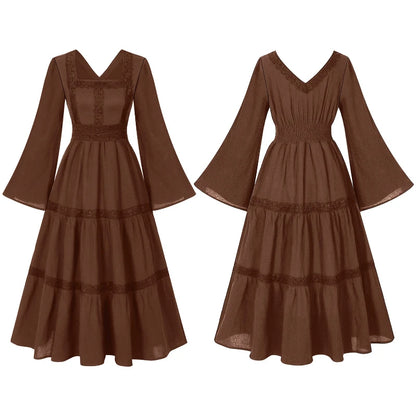 2025 New Beige Halloween/Christmas Square Neck Lace Trim Bell Sleeve Dress for Women, Halloween/Christmas COS Costumes Long Sirt