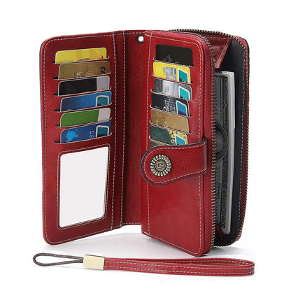 Vintage Large Capacity Women's Purse, Monochromatic, Multi-card, Long Wallet, Multi-function Zipper Strap, Wrist Strap, New
