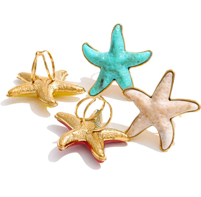 Yhpup 4 Color Ocean Style Acrylic Resin Big Starfish Adjustable Ring Stainless Steel Summer Vacation Jewelry for Women Tropical