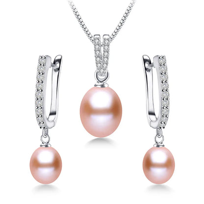 YWYC Horseshoe 8-9mm Rice Freshwater Pearl Earrings&Necklaces Jewelry Set for Women 925 Sterling Silver 45cm Pendant Necklace