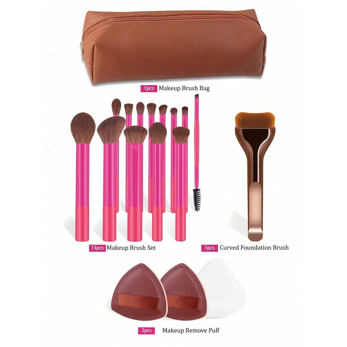 17pcs Professional Soft Long Aluminum Makeup Brush Set, Including Foundation Brush, Eyeshadow Brush, Eyebrow Brush, Blending