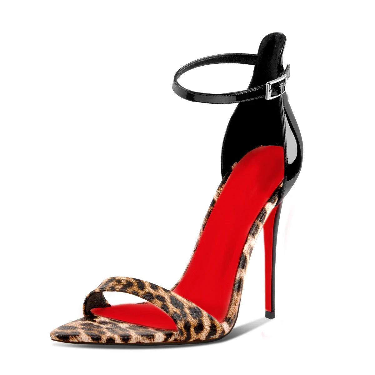New leopard print pointed toe exposed toe straight strap thin heel sandals for women, sexy red soled fashion high heels