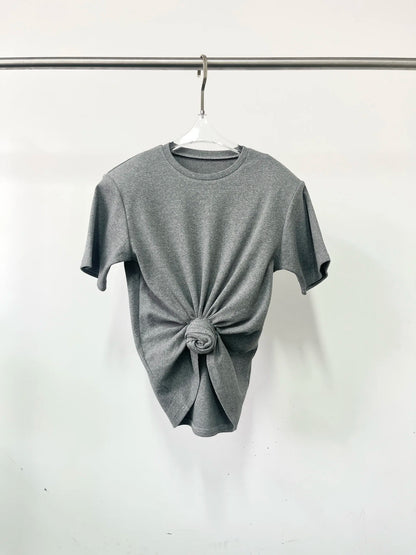 Y2K knotted twist knitted threaded round neck Top women fashionable and versatile navel padded shoulder short-sleeved T-shirt