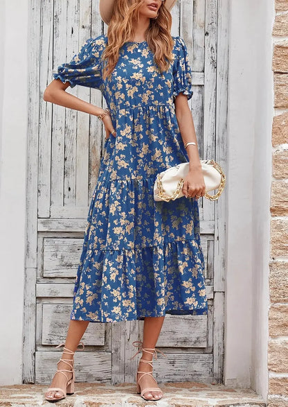 Summer Dresses for Women 2026 Casual Floral Boho Midi Sun DrPuff Short Sleeve Flowy Beach Vacation Sundress
