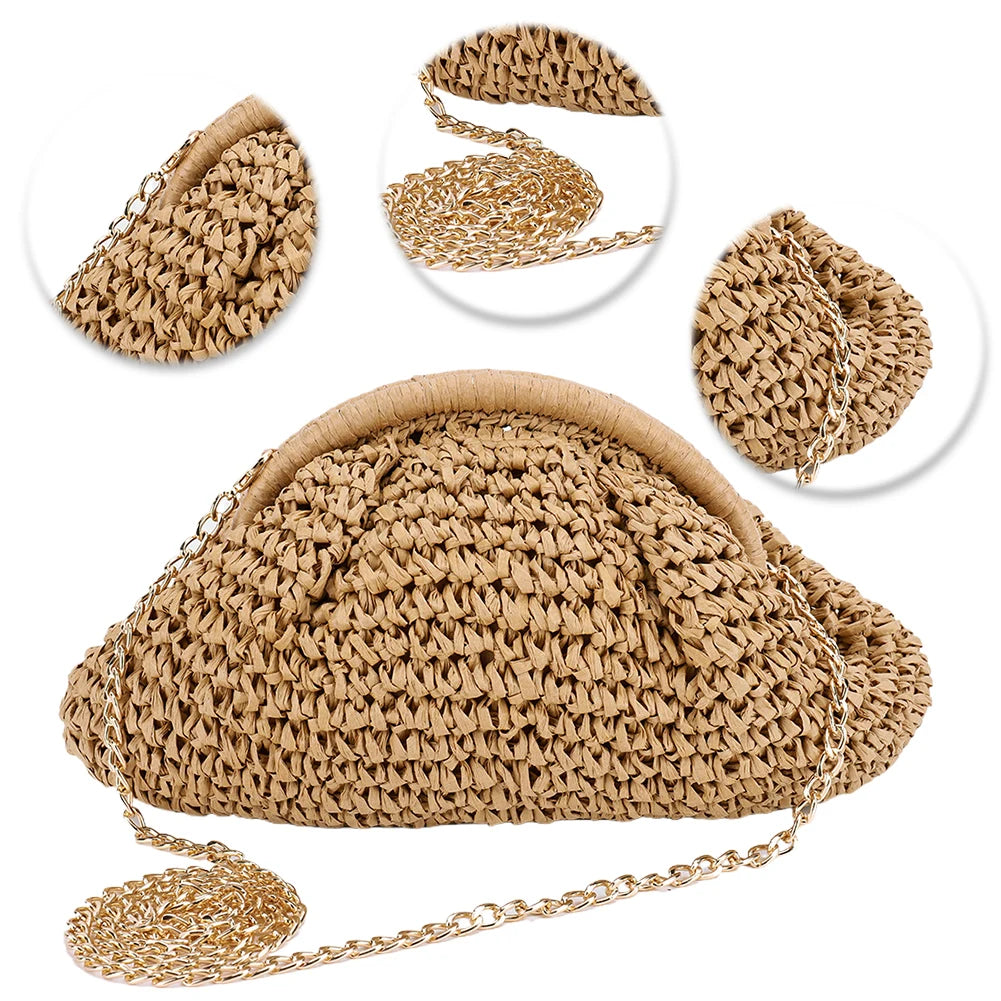 Women Straw Woven Bag Chain Strap Fashion Shoulder Bag Large Capacity Weaving Satchel Bag Solid Color for Party Vacation