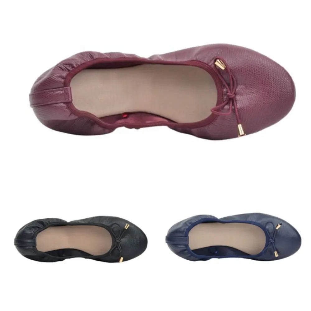 Solid Color Shallow Mouth PU Ballet Shoes Thread Bowknot Ballet Flats Women Foldable Lightweight Chicken Rolls Dance Shoes Yoga
