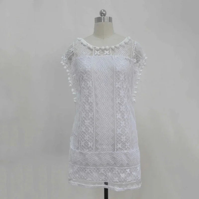 Summer White Women Dress 2024 Casual Sleeveless Beach Short Dress Female Sexy Tassel Mini Lace Dress Vestidos De Tricô Femenino