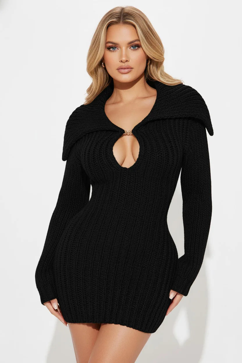 2025 New High Collar Elegant Commuter Big Collar Slim Fit Elastic Lantern Sleeve Woolen Dress