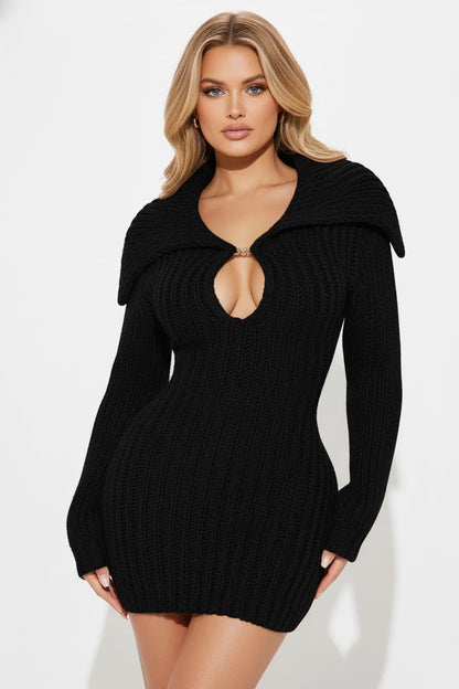2025 New High Collar Elegant Commuter Big Collar Slim Fit Elastic Lantern Sleeve Woolen Dress