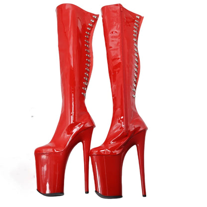 23CM Platform Thigh High Boots Queen, Red Black Patent Leather Extreme Height Boots, Metal Detail Performance Shoes