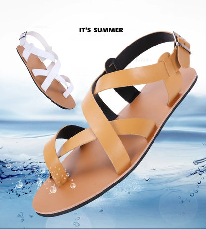 New Summer Men Sandals Leather Vintage Flat Heel Solid Buckle Beach Gladiator Sandals Shoes Breathable Men Flip Flops Sandals