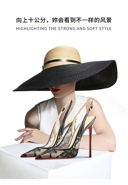 Black lace high-heeled sandals for the summer of 2025, new pointed, thin heel,shallow mouth,comfortable professional single shoe